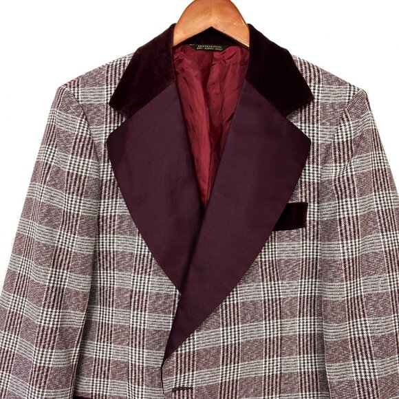 After Six Burgundy Silver Plaid Brocade Tuxedo Prom Formal Jacket Vintage 70’s - Picture 2 of 14
